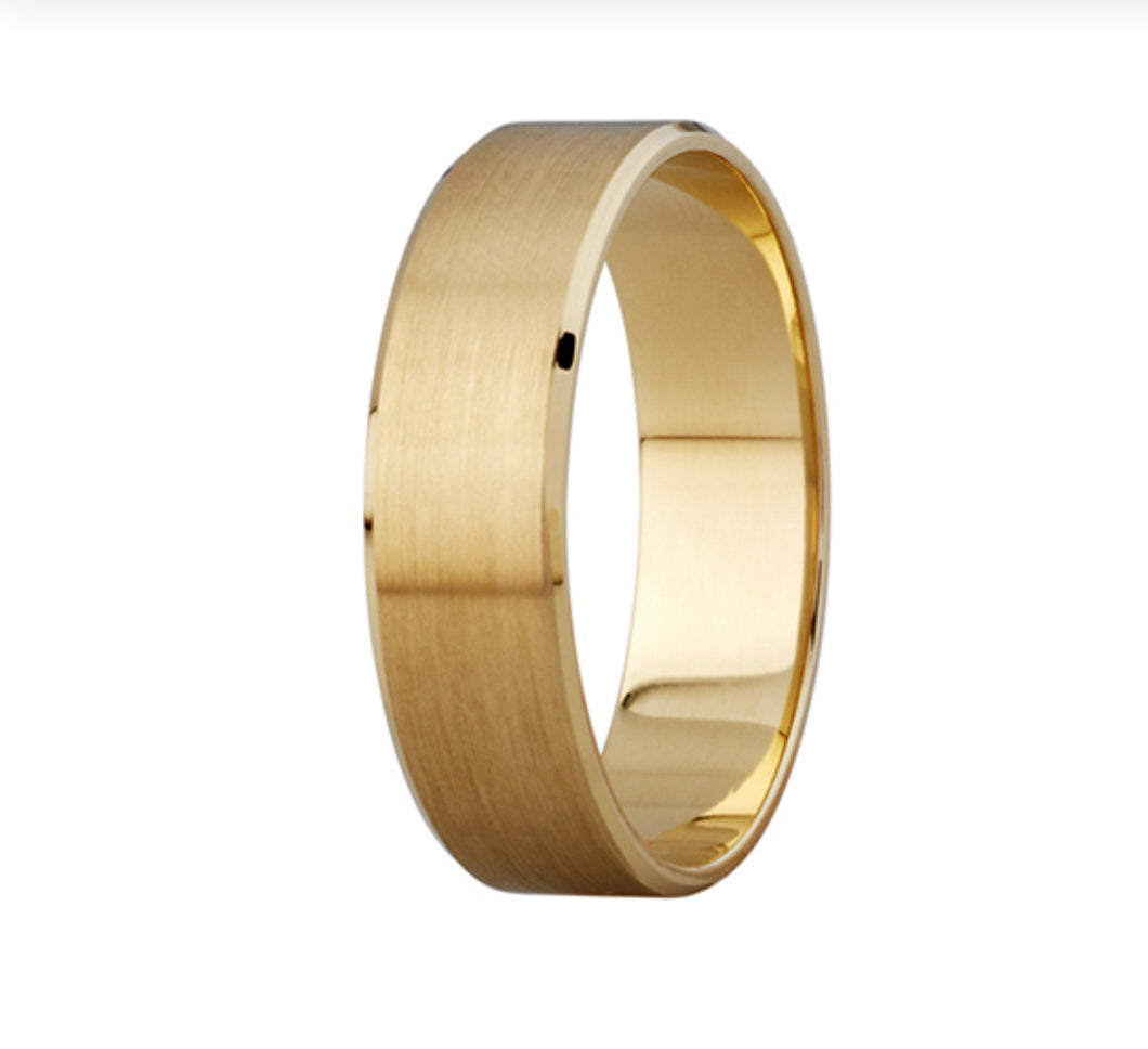 9kt Yellow Gold Bevel Edge Satin Wedding Band 6mm