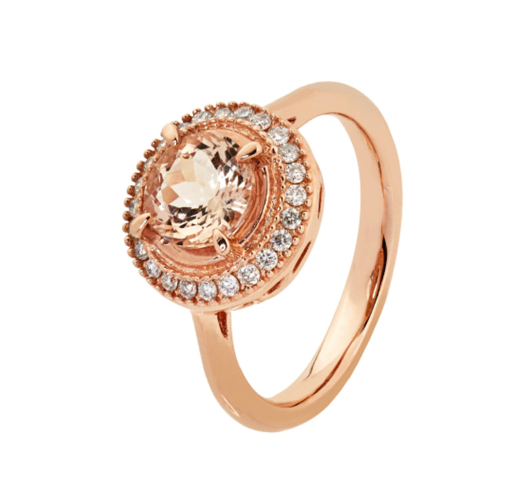 9kt Rose Gold Round Morganite And Diamond Ring